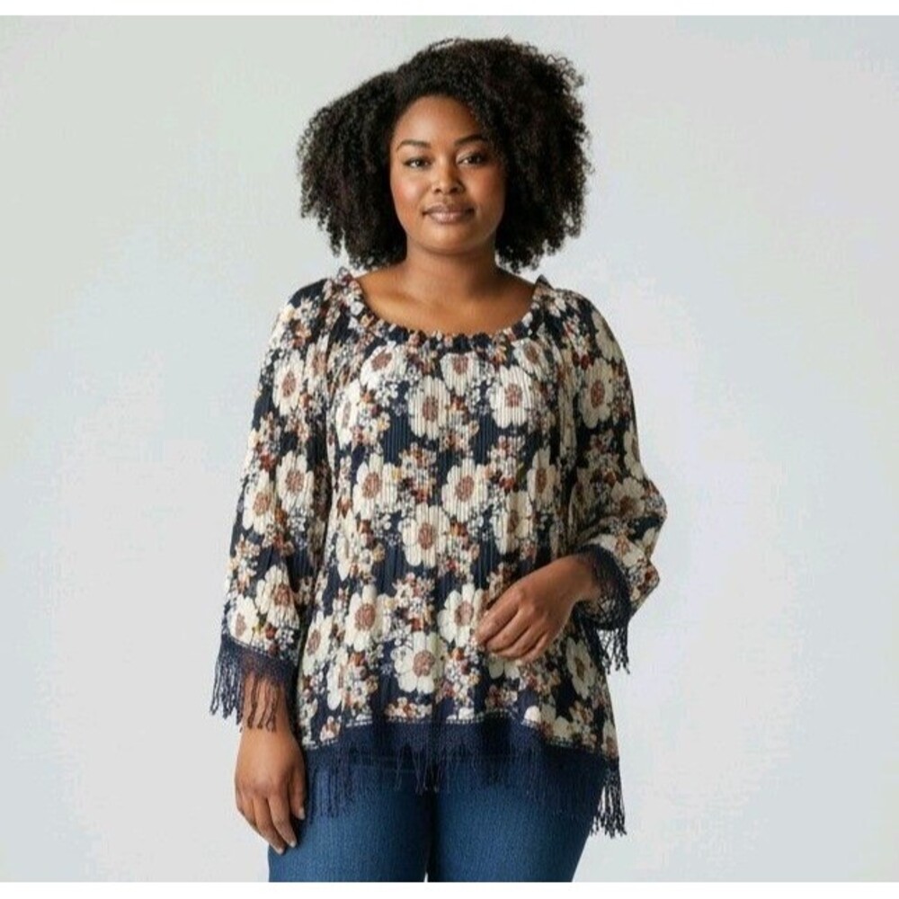 Spense Paisley Tunic Blouse Top XL Blue Fringe Floral Stretch Lightweight Office